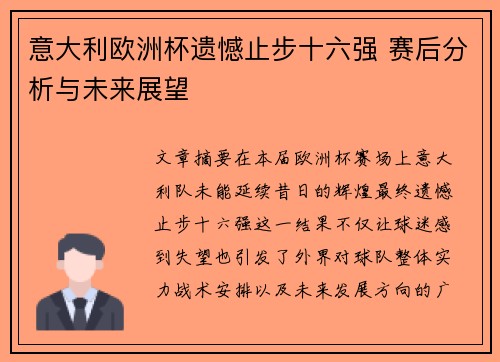 意大利欧洲杯遗憾止步十六强 赛后分析与未来展望 意大利欧洲杯遗憾止步十六强 赛后分析与未来展望